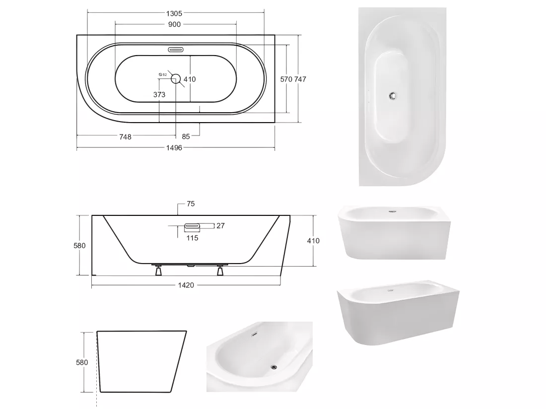 Baignoire d'angle Noir et Blanc + Siphon noir et Vidage inclus + Repose tête - AVITA S CLASSE - DROITE - 150 x 75 cm