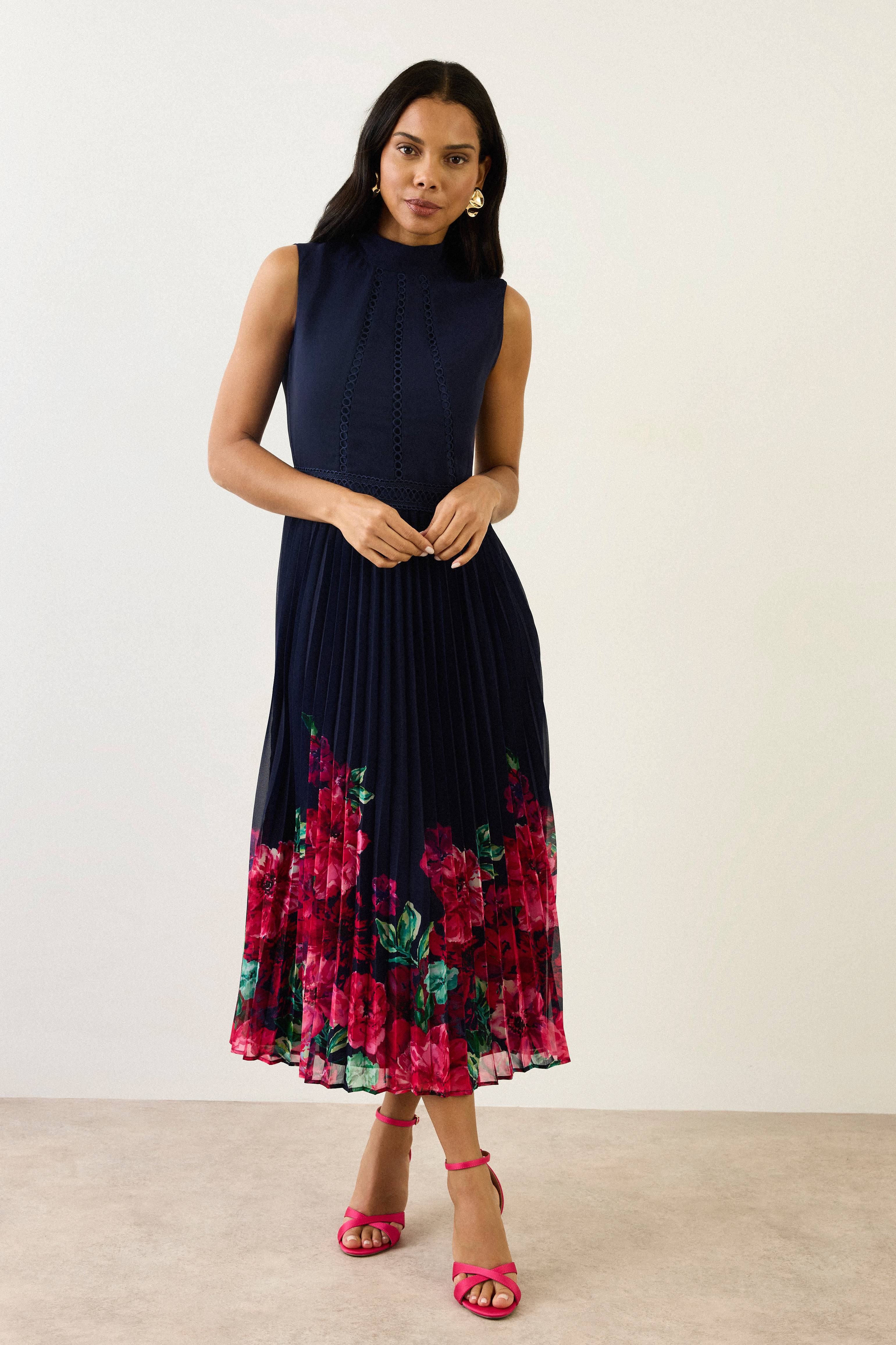 Wallis Robe Midi Plissée À Empiècement De Dentelle Florale