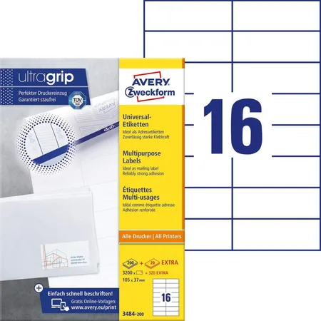 Avery Zweckform 3484-200 Universal-Etiketten,A4 mit ultragrip,Adressaufkleber 105 x 37 mm, 220 Bogen/3.520 Etiketten, weiß
