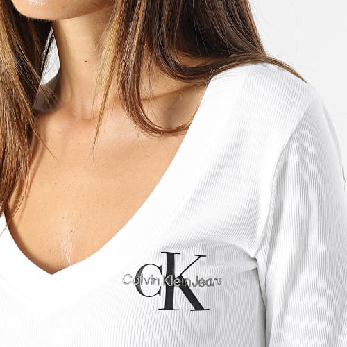 Tee Shirt Manches Longues Col V Femme 2023 Blanc