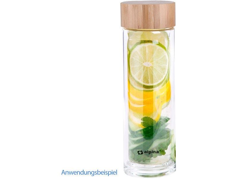 alpina Glaskaraffe mit Holzdeckel 0.45 l, Transparent Doppelwandige Thermosflasche mit integriertem Teesieb aus Borosilikatglas