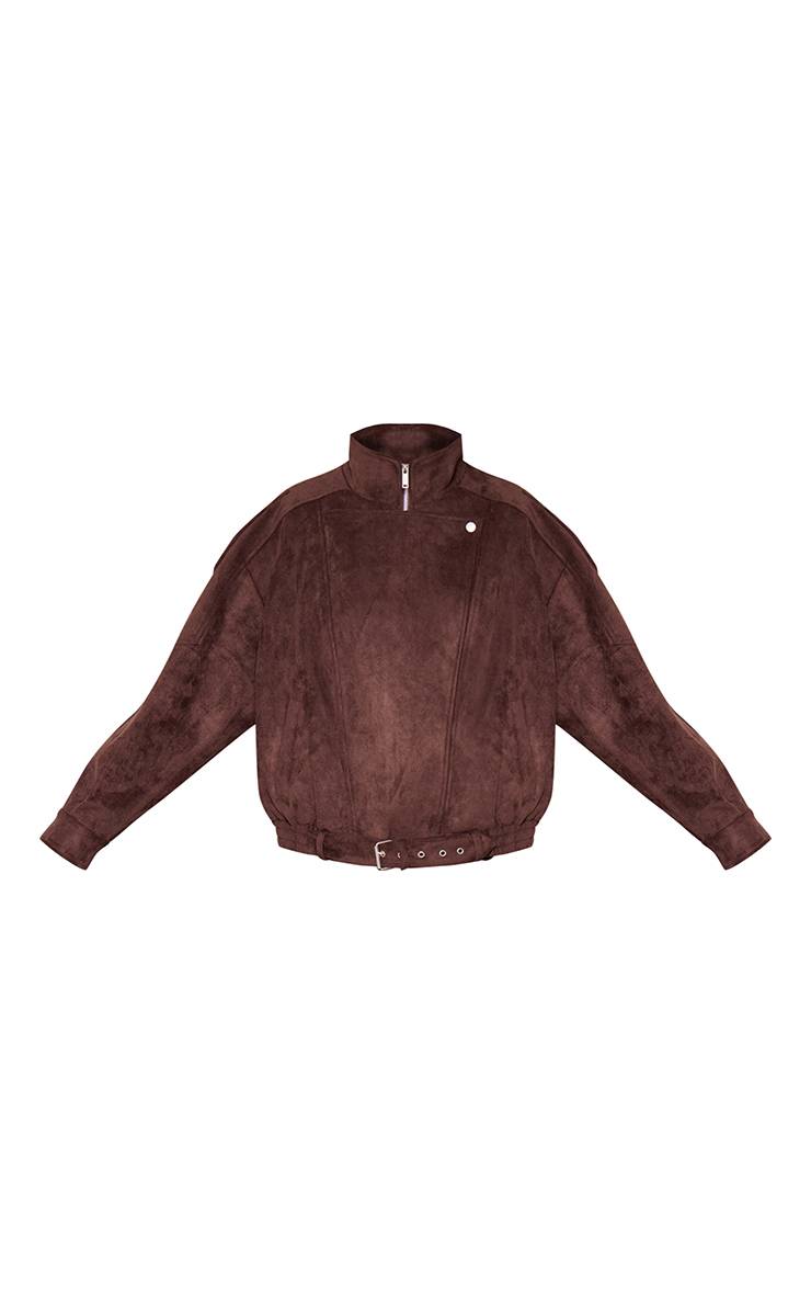 Dark Chocolate Veste De Motard En Synthétique Doux Chocolat Avec Col Montant Et Ceinture Basse