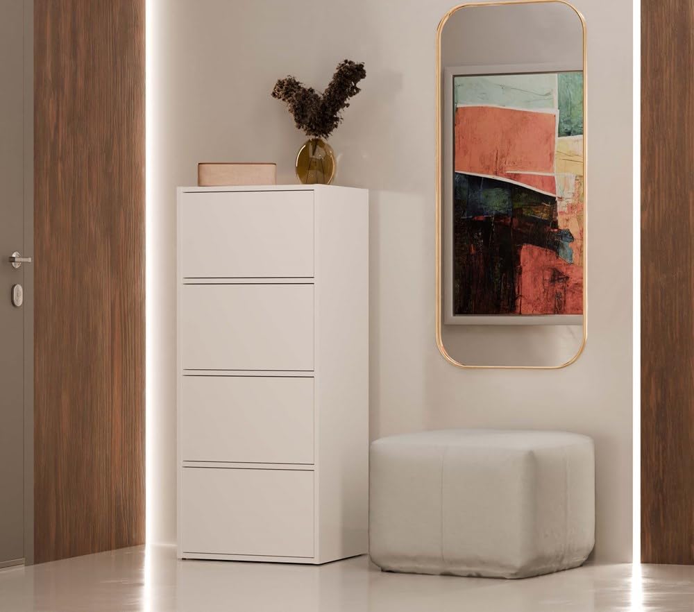 CDF Kommode Schrank Hochschrank mit 4 Türen und Einlegeböden IDEAL FÜR Wohnzimmer -KOMPAKT & MODERN | STABIL & VIELSEITIG | Weiß
