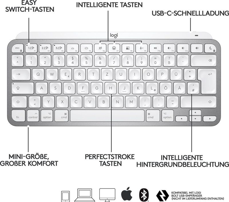 Logitech MX Keys Mini For Mac Minimalist Wireless Illuminated Keyboard toetsenbord Bluetooth QWERTZ Duits Grijs