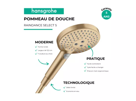 Pommeau de douche HANSGROHE Raindance Select S EcoSmart 120 3 jets aspect doré poli + flexible de douche 1,25 m HANSGROHE Isiflex aspect doré poli