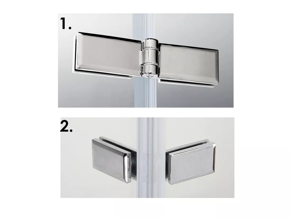 Paroi de douche fixe à l'italienne avec retour pivotant 90+40x200cm, charnières, avec barre de fixation 140cm en carré