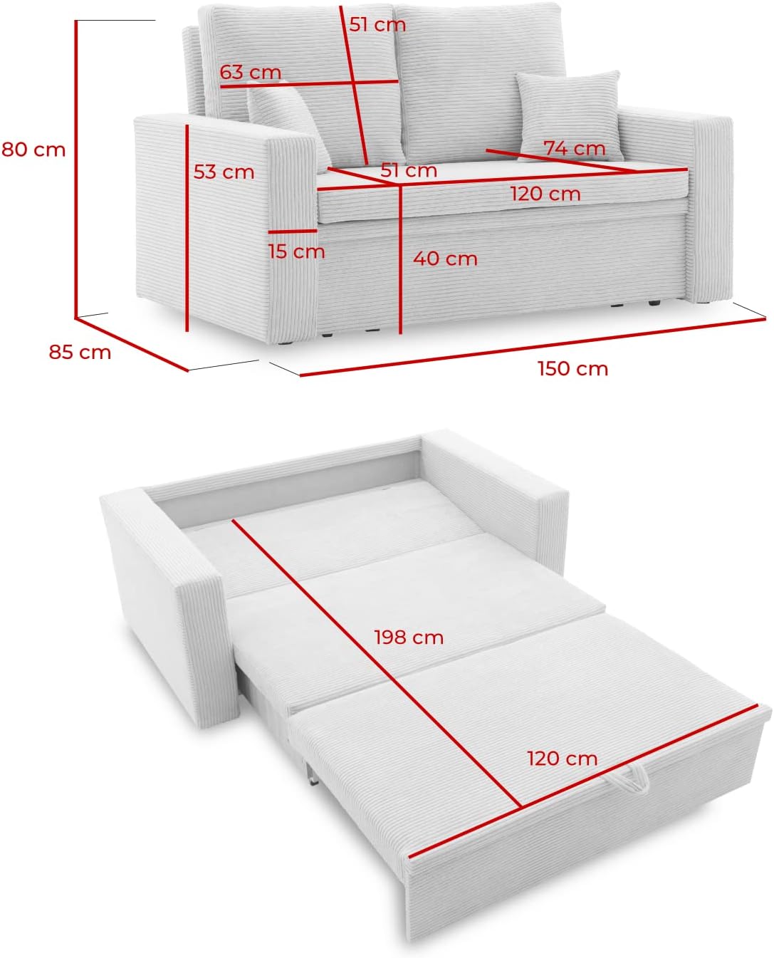 Sofa Aikido I 150x85 - mit schlaffunktion - Farben zur Auswahl - modernen Sofa - mit Bettkasten - Moderner Cordstoff - Stoff POSO (POSO 022)