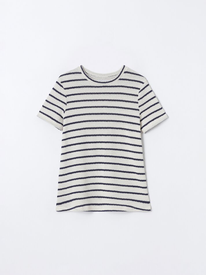 Camiseta de maternidade cropped em tricô - Branco/Azul Marinho