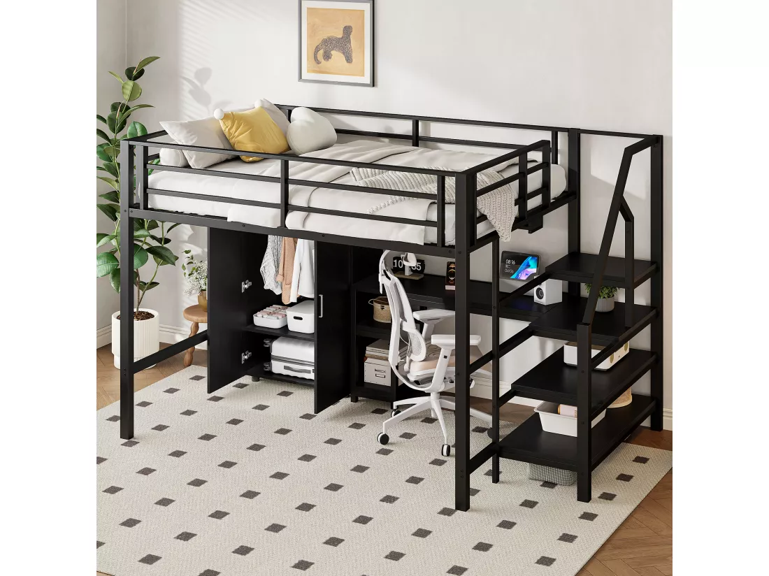 Lit mezzanine 140 x 200 cm avec bureau, armoire et étagères - Métal + MDF - Noir (sans matelas)