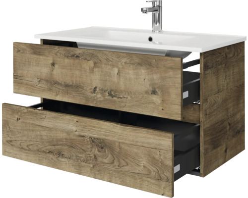 Pelipal Napoli badkamermeubelset (B x H x D 90 x 53,5 x 46,5 cm), frontkleur eiken ribbeck, met keramische wastafel in wit, SET-150-041