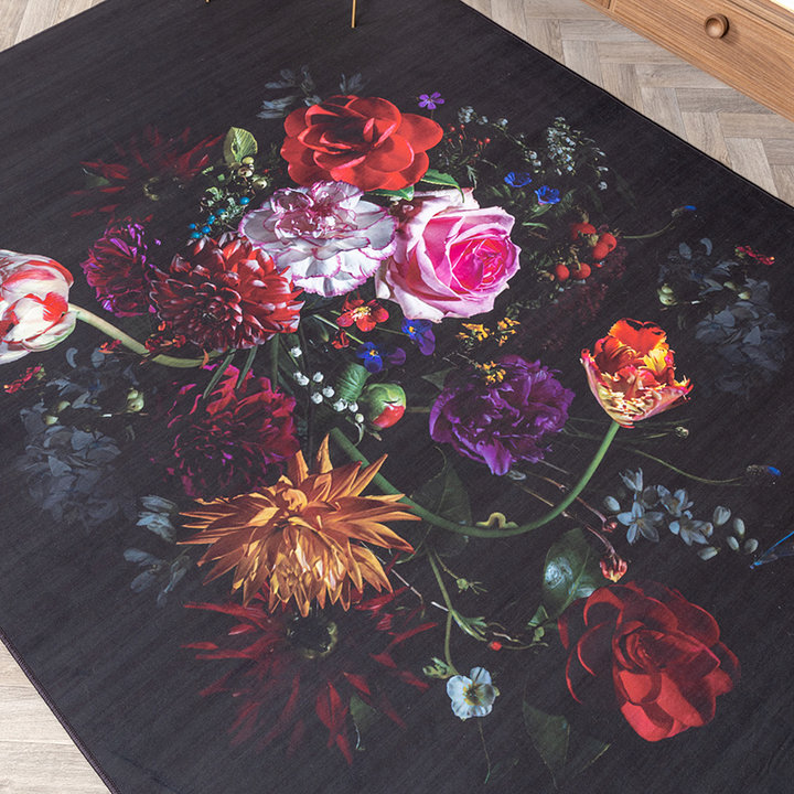 Bloemen vloerkleed - Florine Zwart/Roze | Kleurrijk