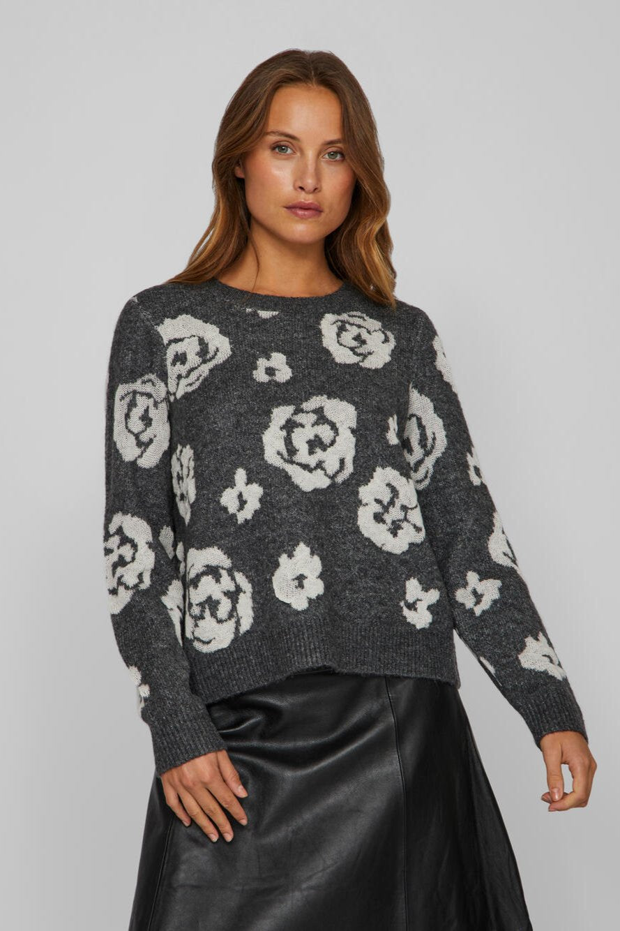 Vila  Visiya O-Neck L/S Jaquard striktrøje - Medium Grey Melange