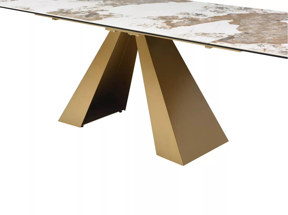 Table à manger extensible 6 à 10 personnes en verre trempé, céramique et métal doré - Effet marbre blanc et taupe - LOZIPA de Maison Céphy