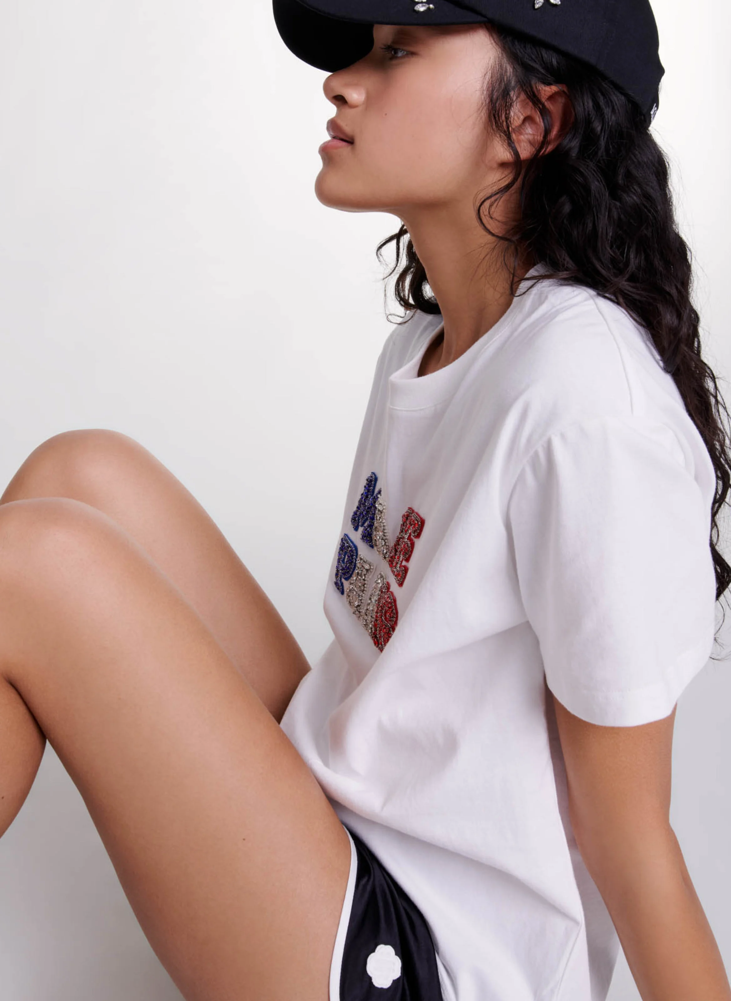 Tee-shirt droit col rond en coton strassé | Blanc