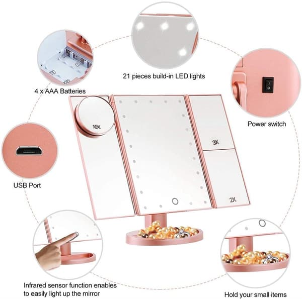 UNIQ LED Trifold Hollywood sminkespeil - RoseGold