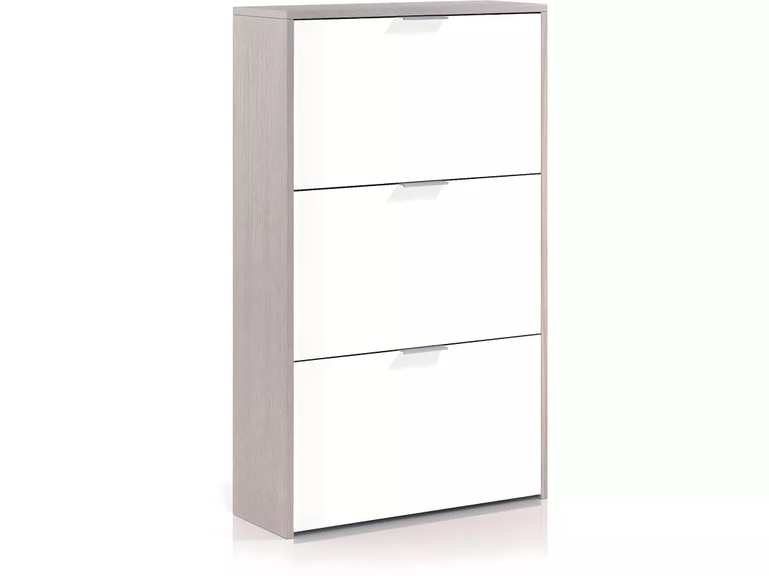 Meuble à chaussures 3 abattants coloris chêne / blanc Brillant en mélamine - Dim: 113 x 60 x 22 cm
