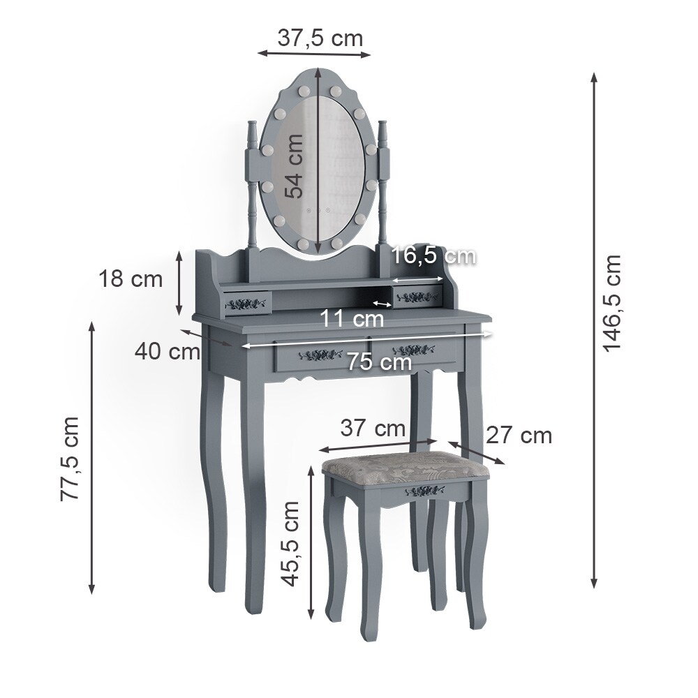 Vicco Schminktisch Frisiertisch Kosmetiktisch Maggie Grau Schminkspiegel Hocker 75x147 Barock LED Beleuchtung Schlafzimmerkommode Schminkkommode Schublade Aufbewahrung Frisierkommode Make-Up-Tisch