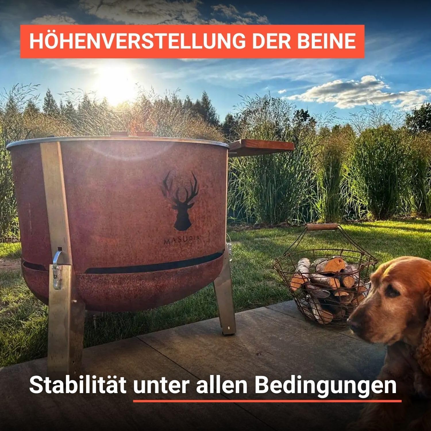 Masuria Rauchfreie Feuerschale 60cm⌀ Alpha 600 - Patentierte Rauchreduzierung bis zu 95% - Hergestellt in EU - Tragbare Feuertonne aus Edelstahl - Verstellbare Beine - große Ascheschublade - Corten
