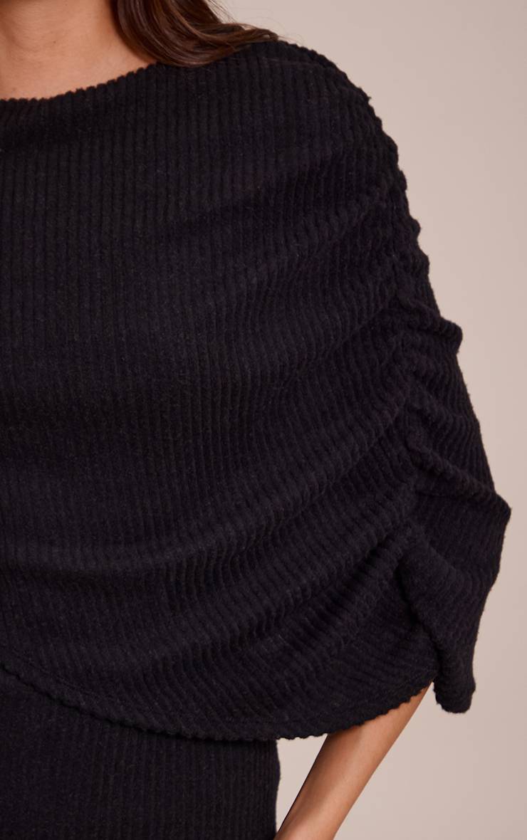 Noir Robe Moulante Côtelée Brossée Avec Détail Superposé