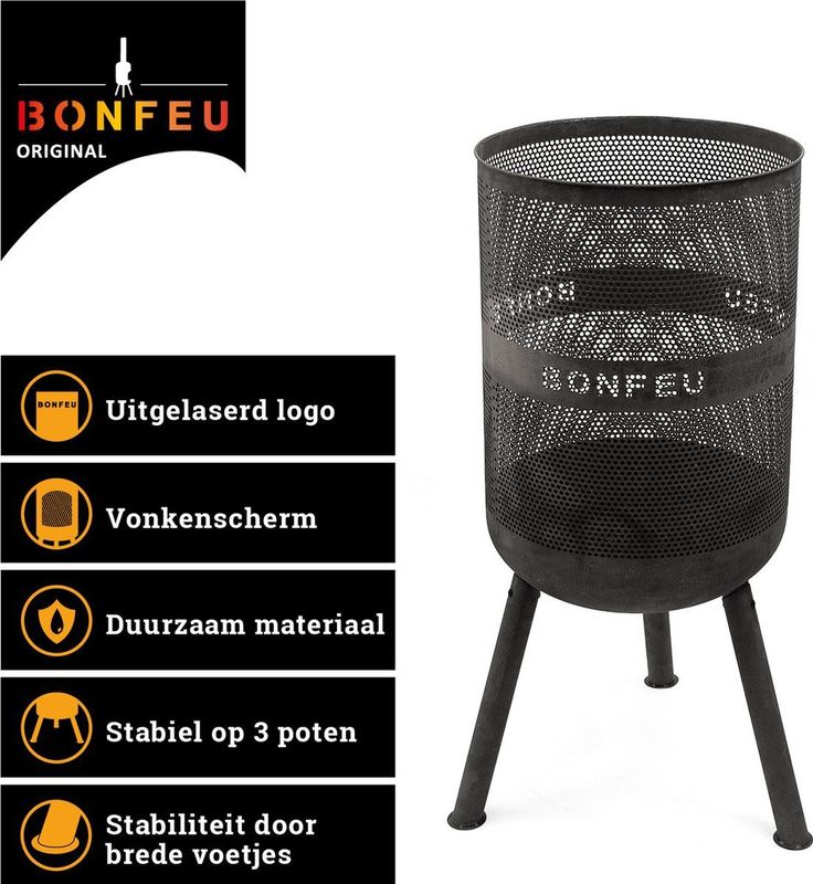 BonVes - Vuurkorf - Zwart - 100 cm Hoog - Met BBQ-Grill en Pook