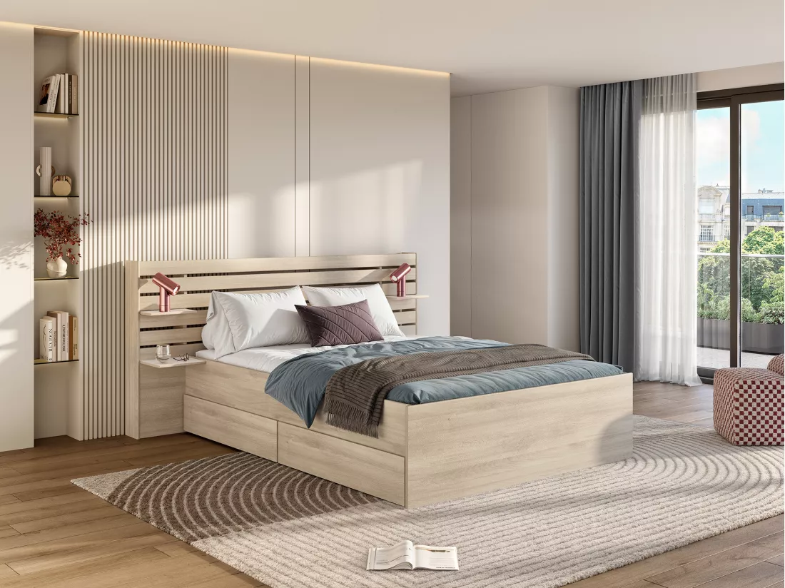 Lit 140 x 190/200 cm avec rangements - Coloris : Naturel + Sommier - TENALIA II