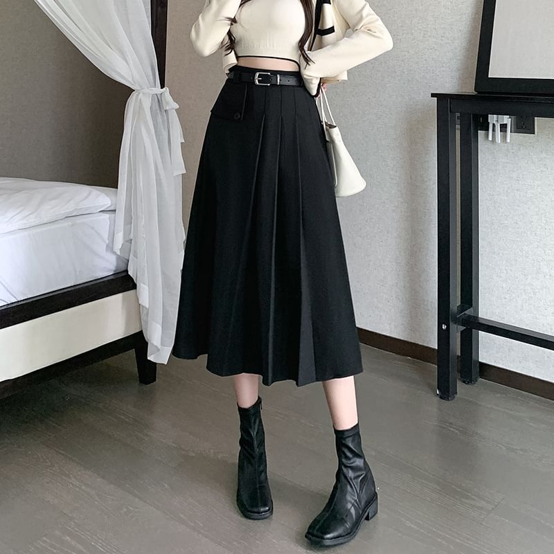 Odestra - Hoge taille effen asymmetrische geplooide midi A-lijn rok