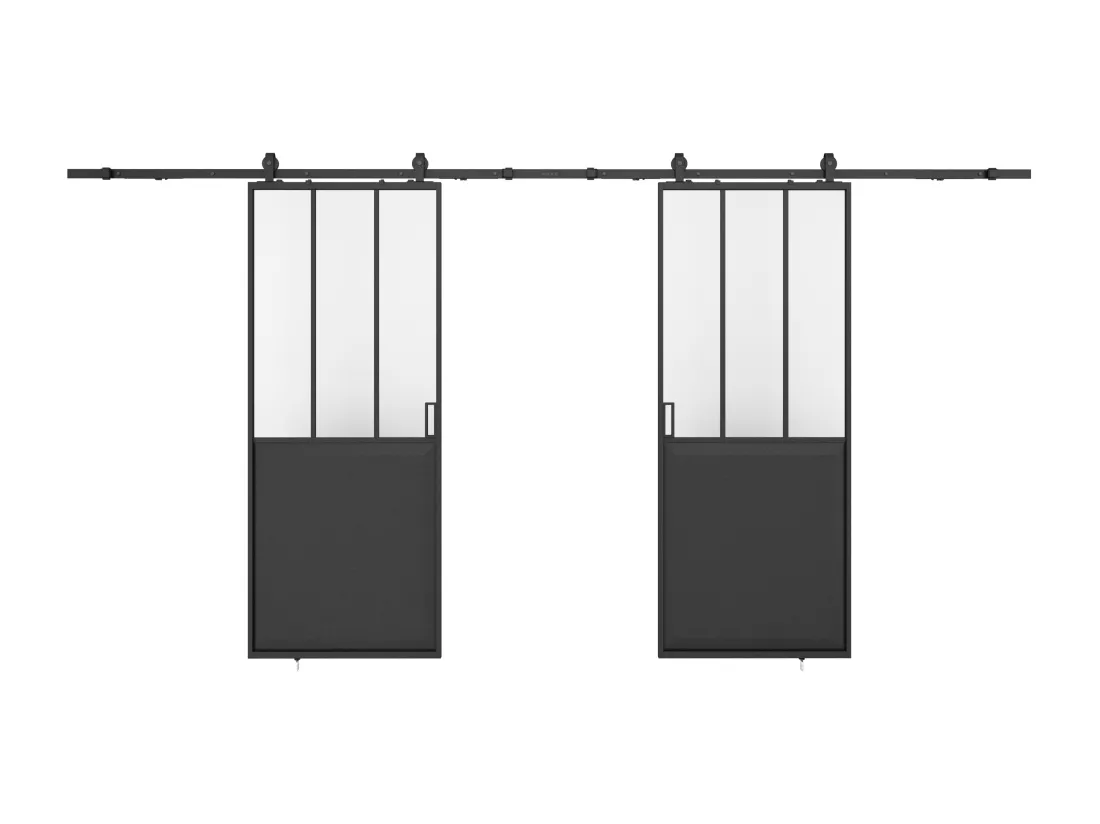 Porte coulissante double atelier avec système en applique - Noir et verre trempé - 2 x H205 x L73 cm - ARTISTO II