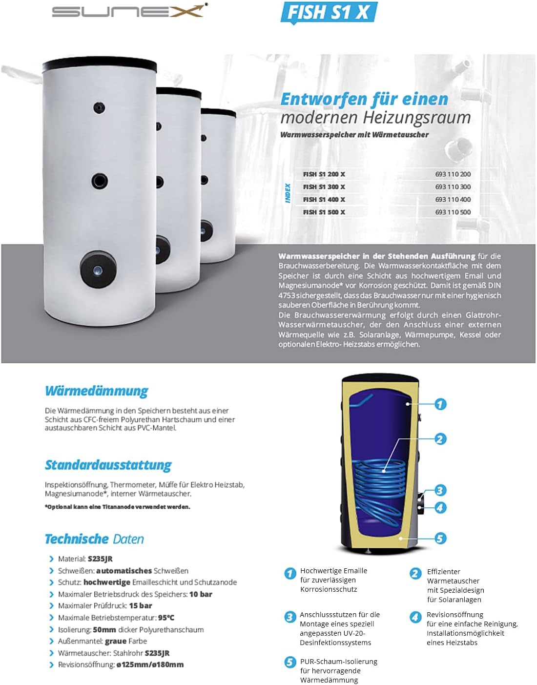 SUNEX® Warmwasserspeicher 200L mit 1 Wärmetauscher, Wärmepumpenspeicher, bis 110°C, emailliert, Magnesiumanode, Wärmedämmung, Boiler, Warmwasserbereiter, Solar Speicher