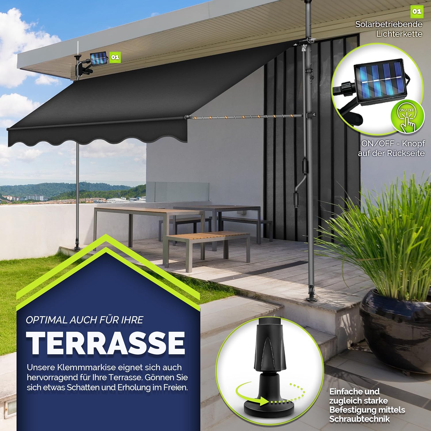 tillvex Klemmmarkise mit Handkurbel Balkon | Balkonmarkise ohne Bohren | Markise UV-beständig & höhenverstellbar | Sonnenschutz wasserdicht (Anthrazit mit LED, 250cm)