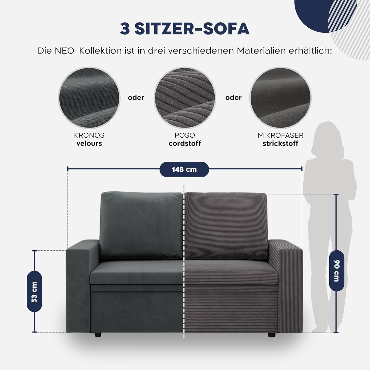 Mebligo - NEO Kollektion Sofa 2 Sitzer Mit Schlaffunktion 148 x 90 x 87 cm, Schlafsofa Mit Bettkasten, Kleines Wohnzimmer Sofa in Grau
