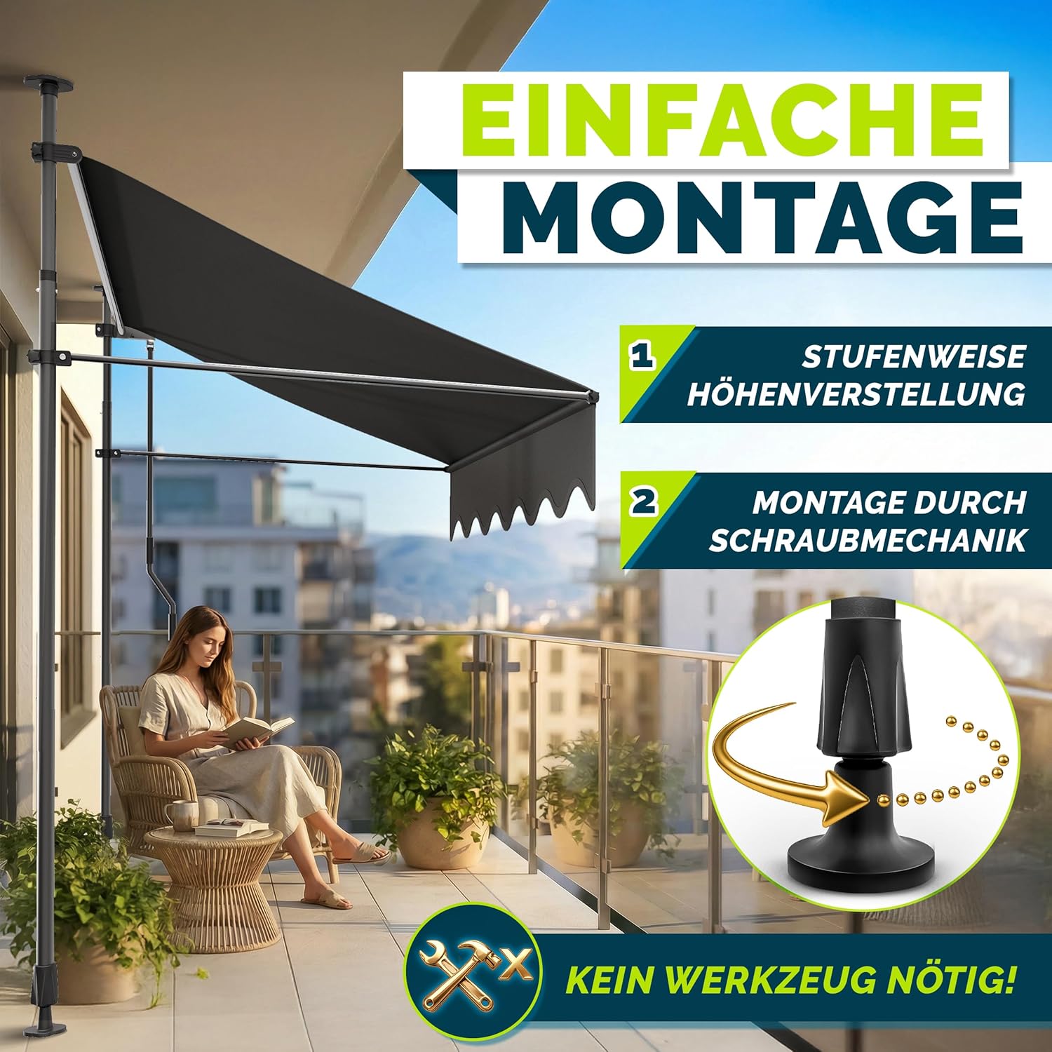 tillvex Klemmmarkise mit Handkurbel Balkon | Balkonmarkise ohne Bohren | Markise UV-beständig & höhenverstellbar | Sonnenschutz Terrasse & Garten wasserdicht (Anthrazit, 400cm)