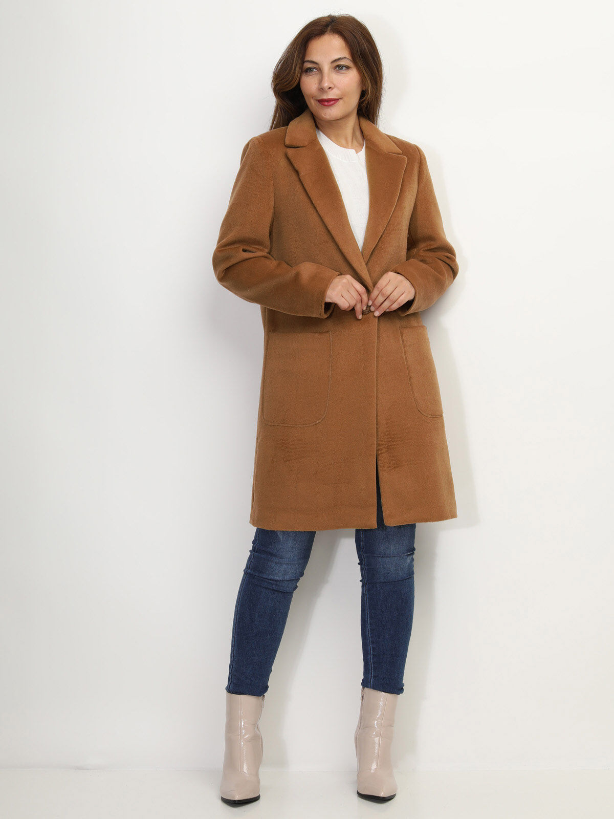 Manteau en laine à col revers- Camel