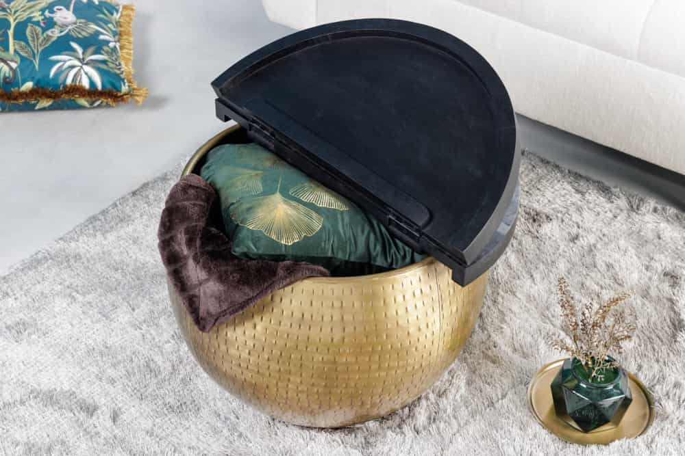 Runder Couchtisch DRUMP STORAGE 60cm gold schwarz Mangoholz Metall mit Stauraum Hammerschlag