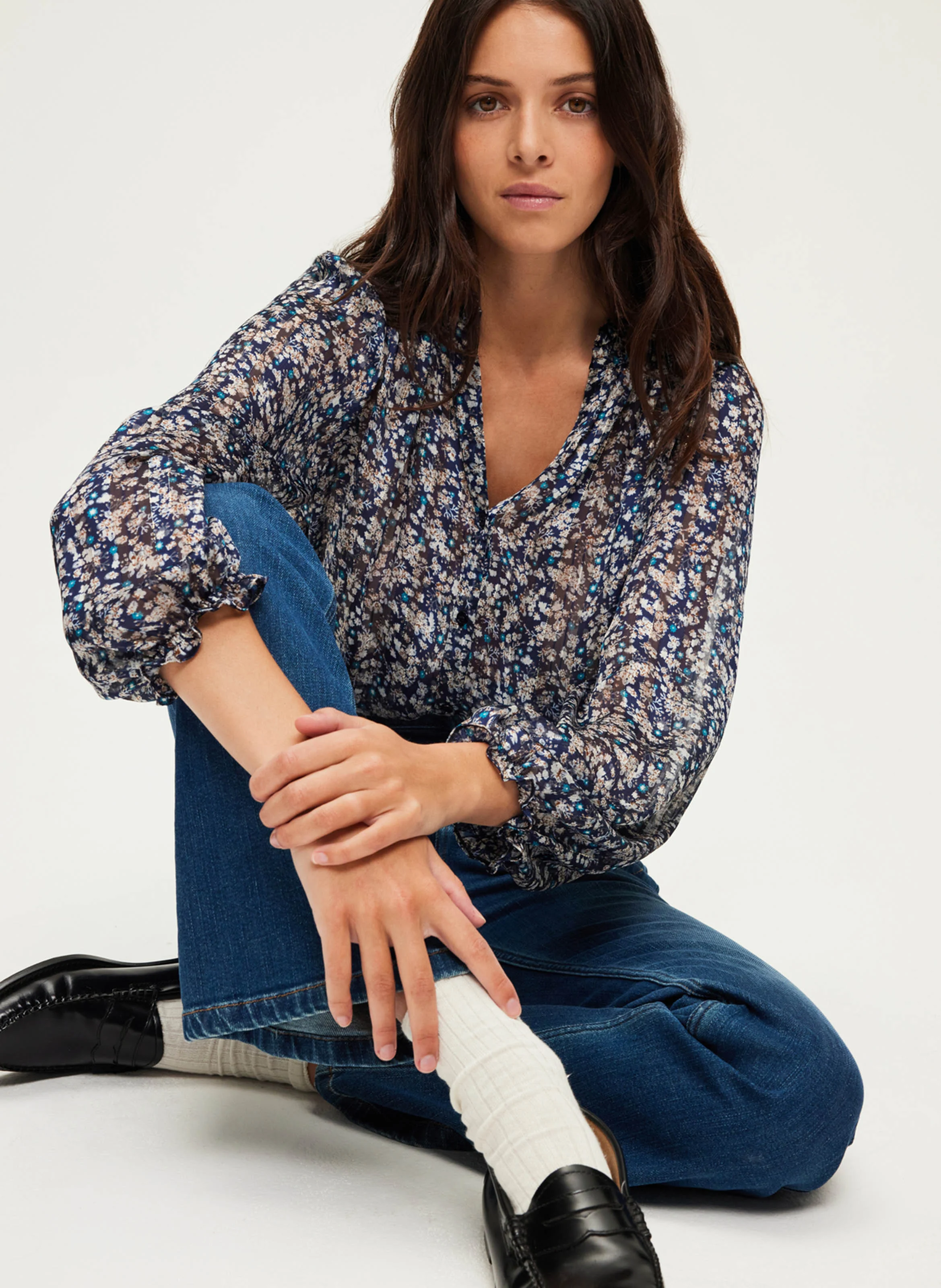BELODIE - Chemise droite imprimée à volants | Bleu