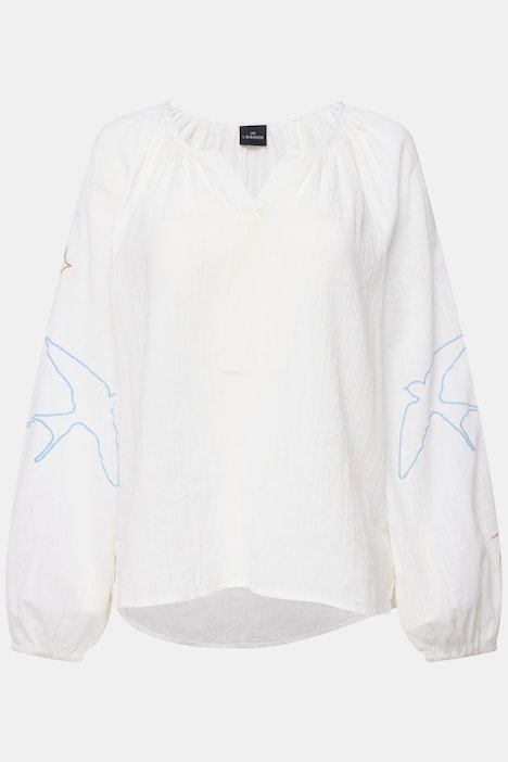 Bluse, Vogel-Stickerei, Tunika-Ausschnitt, Raglan-Langarm