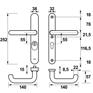AXA veiligheidsbeslag Oval achterdeur aluminium smal schild met SKG 3-sterren 55 mm