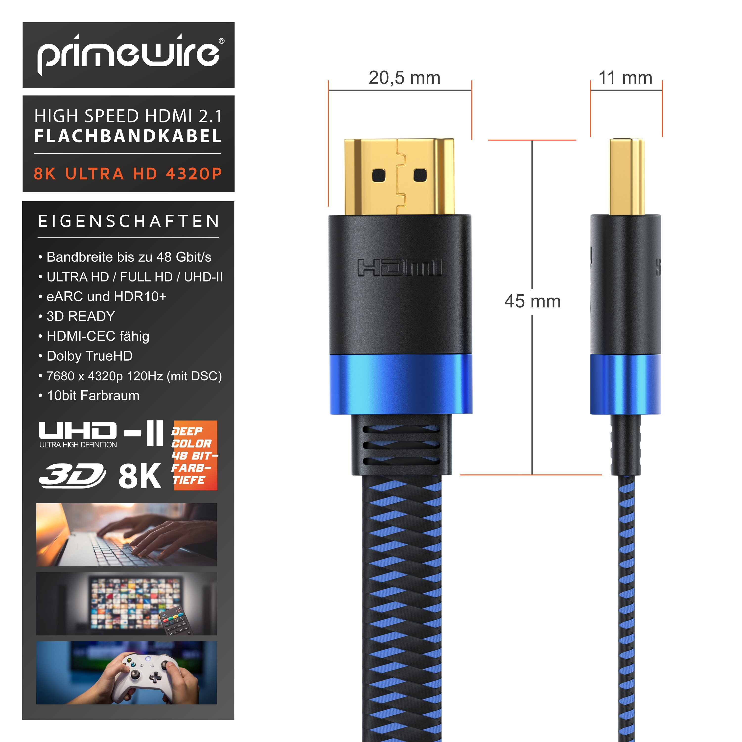 Primewire 8k HDMI Kabel 2.1 - Flachbandkabel Ultra High Speed II Ethernet, 8K UHD II, 3D TV, eARC, HDR10+ 120 Hz mit DSC, 7680 x 4320, Verlegekabel - 0,5m