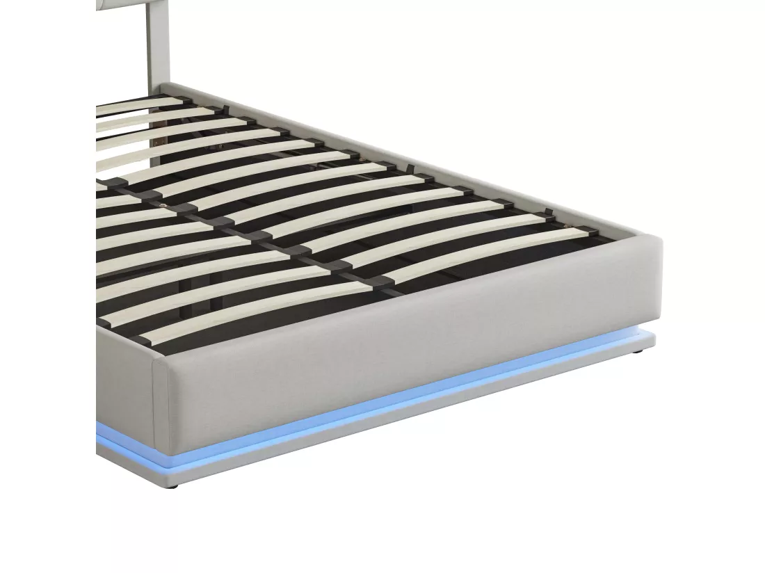 Lit 140x200cm - Espace de Rangement - Sommier à Lattes - Eéclairage LED et tête de lit relevable - Lin - Beige