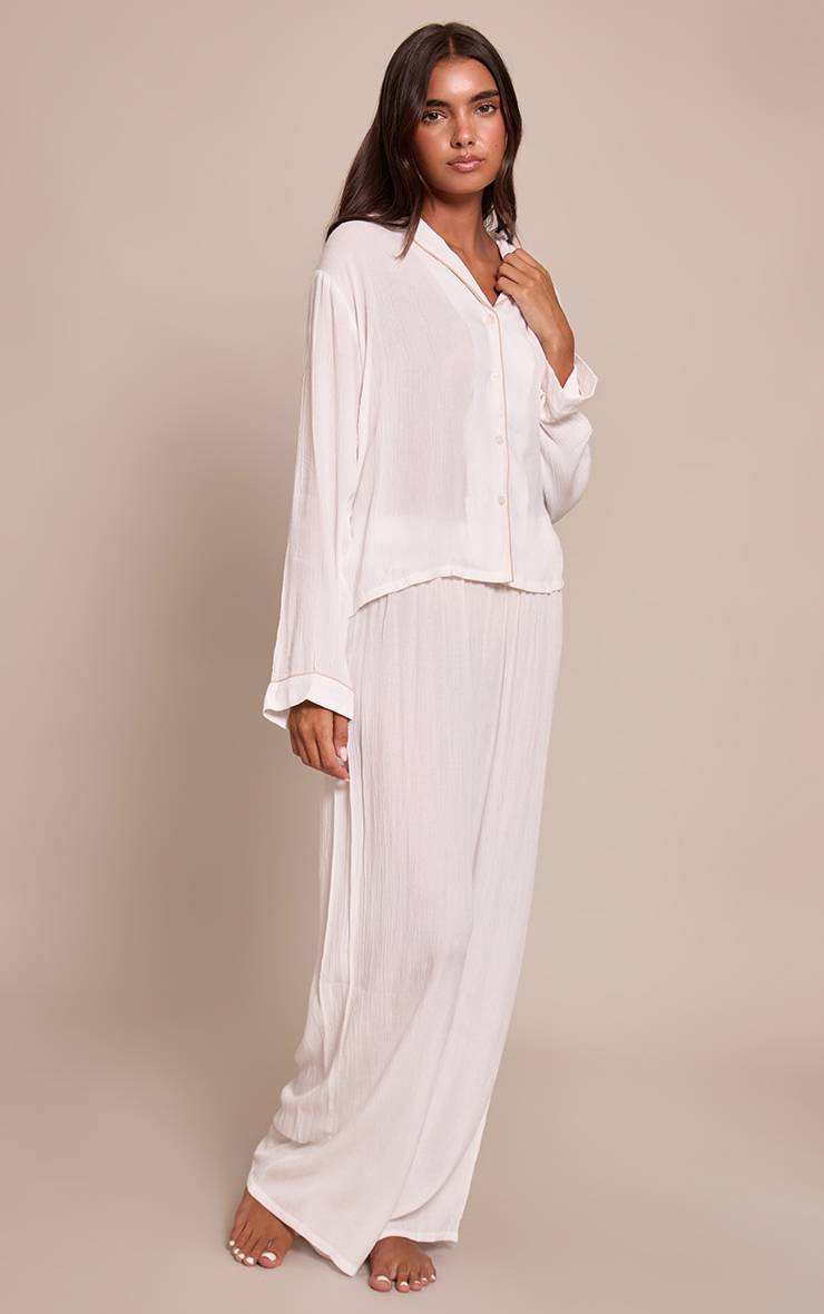 Blanc Ensemble Pyjama Long Froissé À Passepoil Contrasté