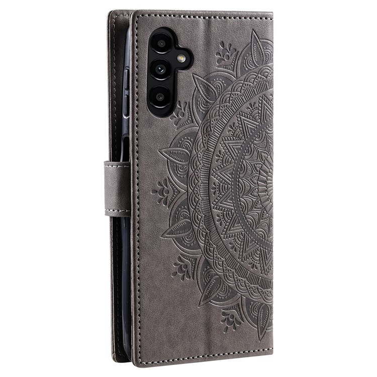 Samsung Galaxy A56 Leder Tasche Wallet - Mandala Flowers Imprint - Grau
