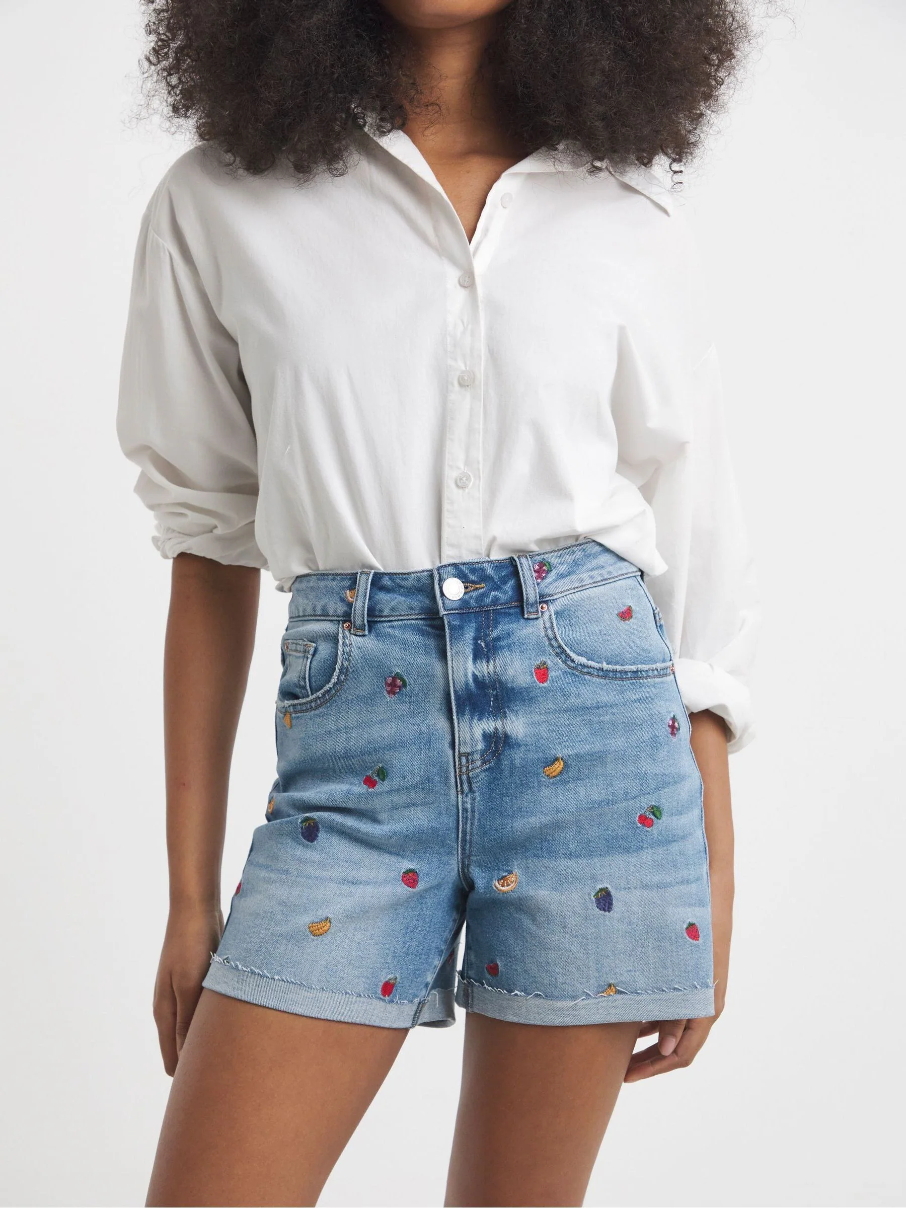 Simply Be Mom Fruit Salad Embroidered Roll Hem Denim Shorts