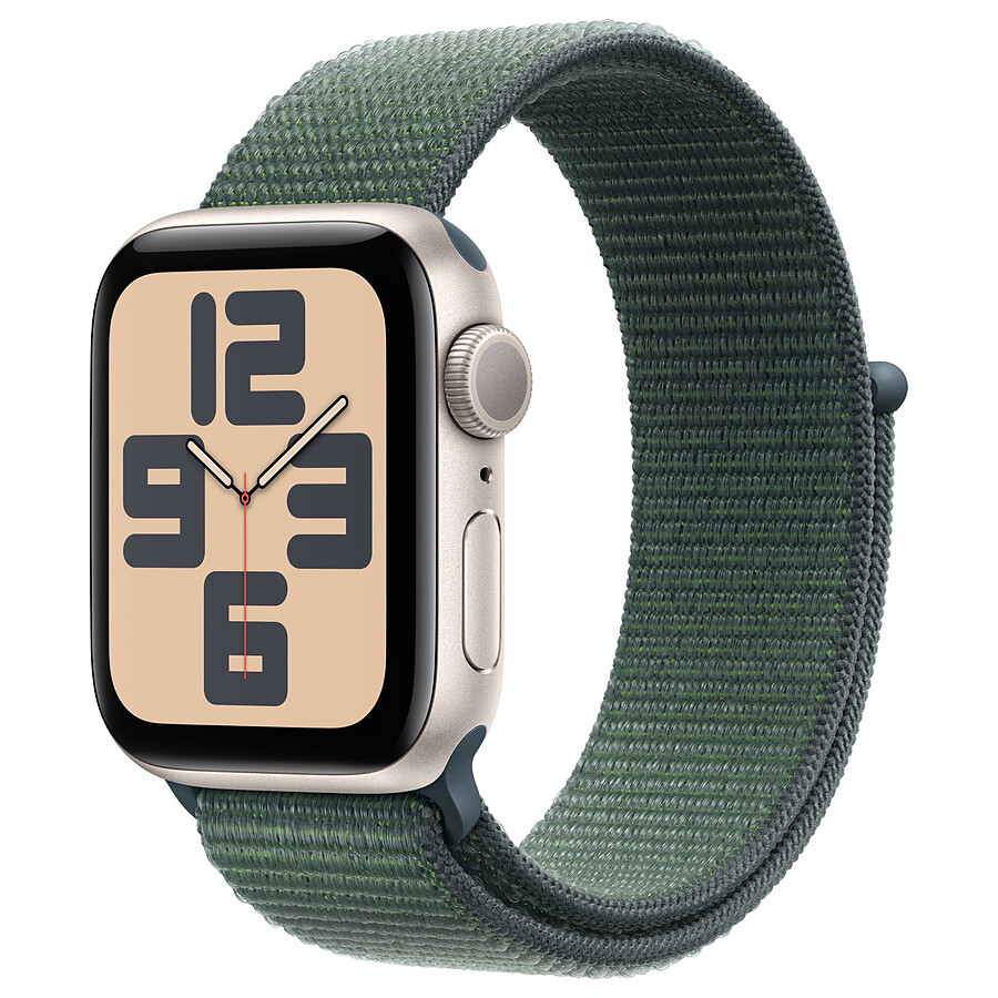 Apple Watch SE GPS (2024) - 44 mm - Aluminium Lumière Stellaire - Bracelet Sport Textile Vert Lacustre