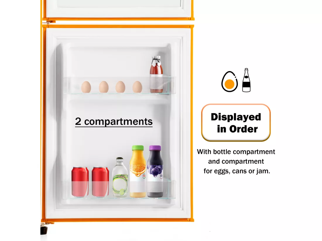 Réfrigérateur Rétro H86x45Lcm - Réfrigérateur Congélateur LED 2 Portes 60L + Congélateur 22L, 163kWh/an, Double Casier à Oeufs et Trois Etagères Intérieures - jaune