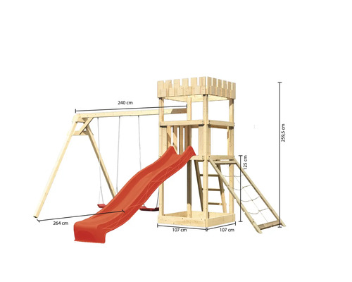 Speeltoren/speelhuis Karibu Leeuwenhart, 107 x 107 cm, van hout, bestaande uit een glijbaan, 2 schommelsets en een rode nethelling.