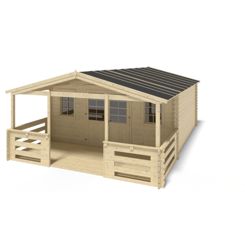 Abri de jardin en bois - 5x5 m - 35 m2 + terrasse avec balustrade et avant-toit en bois