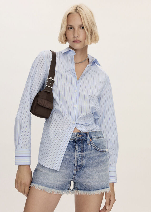 MANGO Denim shorts with frayed hem Open blue