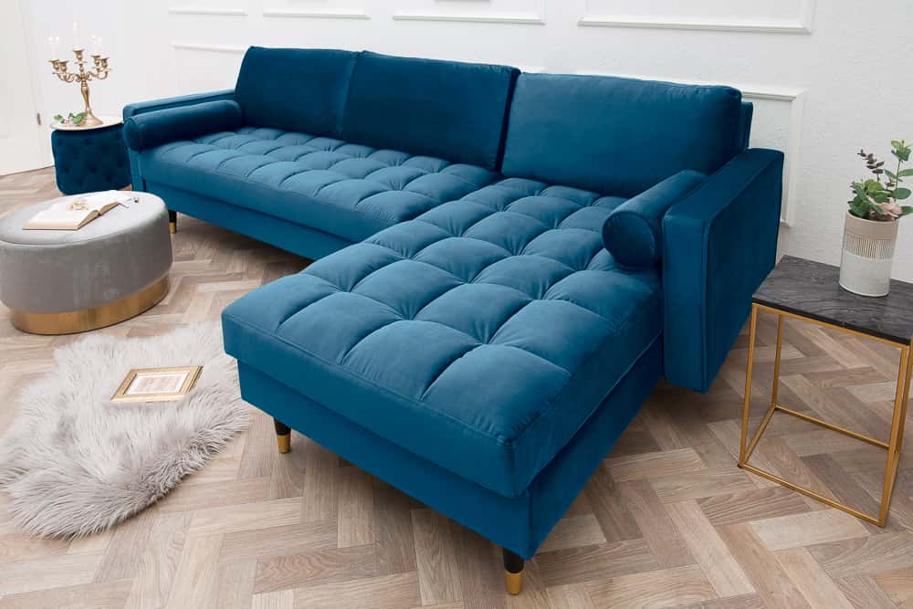 Elegantes Ecksofa COZY VELVET 260cm blau petrol Samt Federkern 3-Sitzer