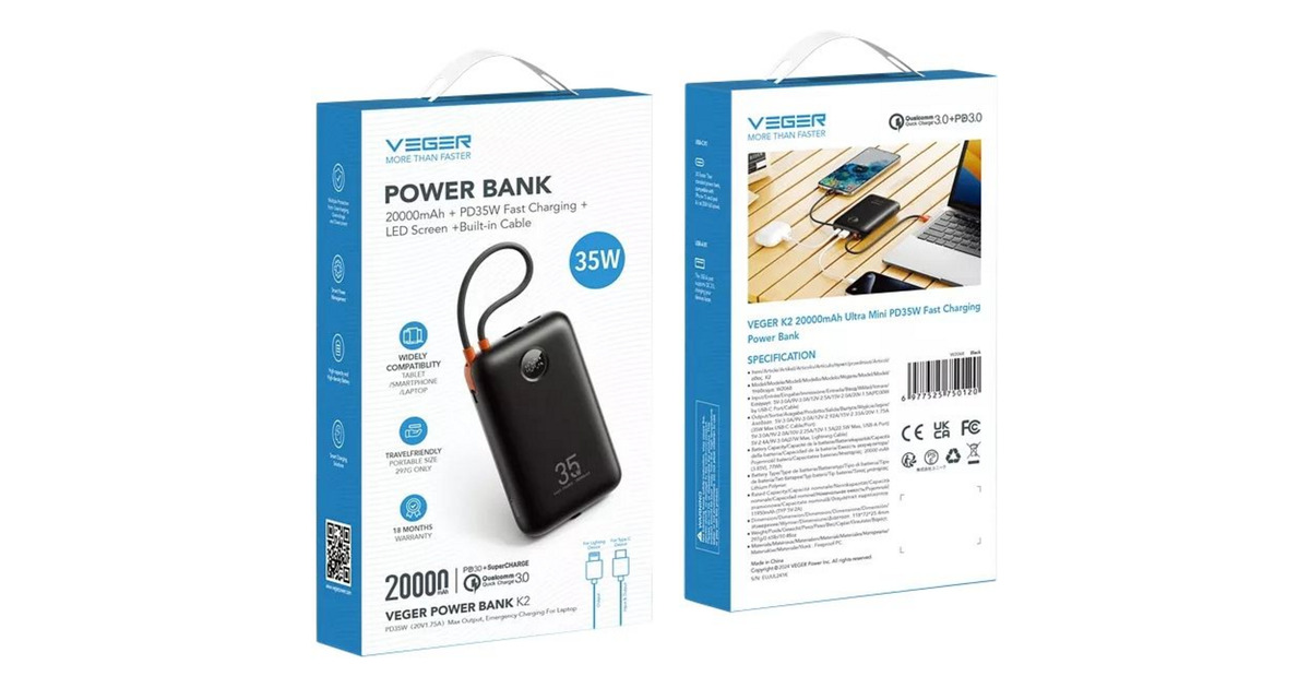 VEGERK2 powerbank 20.000 mAh  (Zwart/oranje)