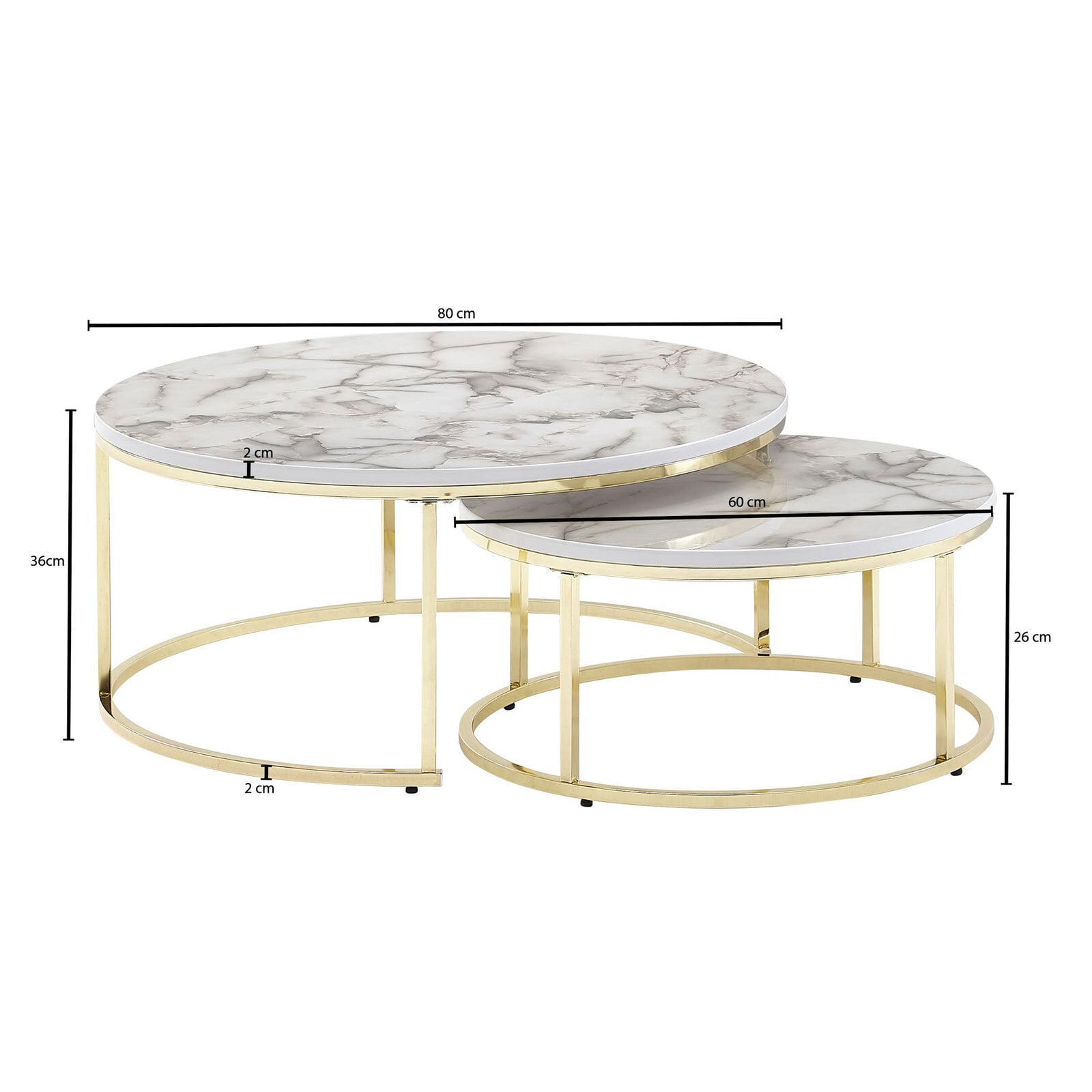 Couchtisch 2er Set Goldfarbig/ Marmor Optik Weiß