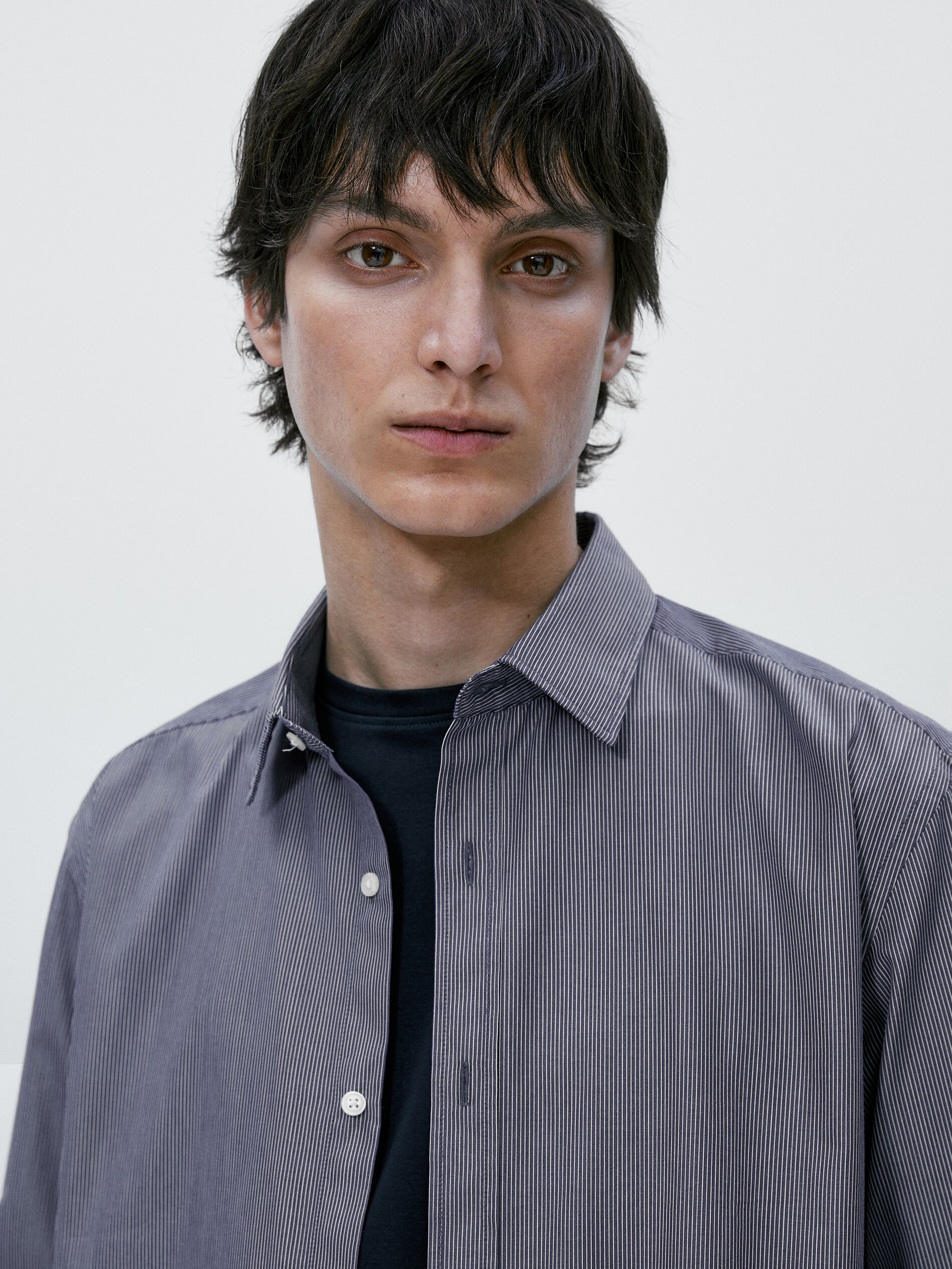 Camisa listrada de algodão popeline com modelagem slim - AZUL MARINHO